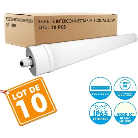 ECLAIRAGE DESIGN Lot De 10 Reglettes Interconnectables LED Etanche 120cm 36W IP65 4000k 1 ECLAIRAGE DESIGN Lot De 10 Reglettes Interconnectables LED Etanche 120cm 36W IP65 4000k