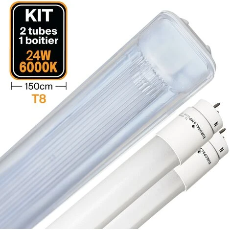 EUROPALAMP Kit 2 Tubes LED T8 24W Blanc Froid + Boitier Etanche 150cm - Blanc Froid 6000K 1 EUROPALAMP Kit 2 Tubes LED T8 24W Blanc Froid + Boitier Etanche 150cm - Blanc Froid 6000K