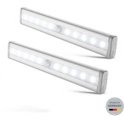 B.K.Licht Lot De 2 Veilleuses LED Avec Détecteur De Mouvement, éclairage Armoire Placard Vitrine, Réglette LED, Auto-adhésif, Alimentation Par Piles AAA (non Fournies)