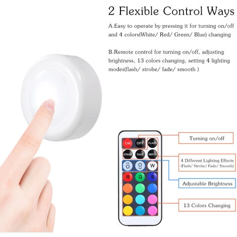 Tomshine DC5V 0,25W RGB LED Lumiere Du Cabinet Puck Lampe 3 * Alimente Batterie AAA Exploite 6 Pack Avec 2 Controleur De Telecommande 10 Niveaux De Luminosite Reglable 13 Dimmable Couleurs Changeantes Flash / Strobe / Fondu / Lisse 4 Eclairage Differents 3 Tomshine DC5V 0,25W RGB LED Lumiere Du Cabinet Puck Lampe 3 * Alimente Batterie AAA Exploite 6 Pack Avec 2 Controleur De Telecommande 10 Niveaux De Luminosite Reglable 13 Dimmable Couleurs Changeantes Flash / Strobe / Fondu / Lisse 4 Eclairage Differents – Image 3