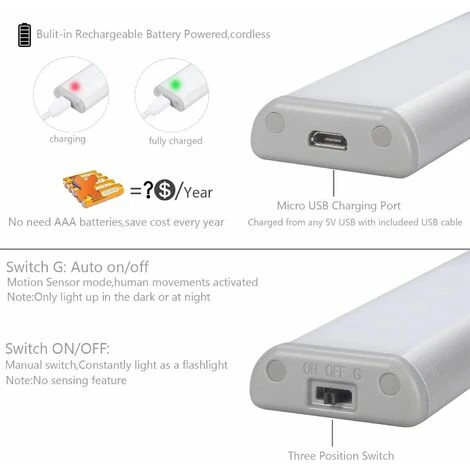 Perle Rare Éclairage D'armoire à Trois 10 LED, Sans Fil, USB Rechargeable, Magnétique, Détecteur De Mouvement, 2 Modes D'éclairage, Portable. Lampes De Placard, Lumières De Secours, Veilleuses Pour Enfants 5 Perle Rare Éclairage D'armoire à Trois 10 LED, Sans Fil, USB Rechargeable, Magnétique, Détecteur De Mouvement, 2 Modes D'éclairage, Portable. Lampes De Placard, Lumières De Secours, Veilleuses Pour Enfants – Image 5