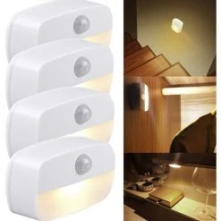Promos Réglette & réglette LED Boutique 25 LangRay Lot De 4 Veilleuses LED Avec Détecteur De Mouvement Gritin Blanc Lampe De Nuit Pour Enfant On/Off Éclairage De Placard Avec Adhésif Éclairage D'orientation Pour Chambre D'enfant, Chambre à Coucher, Couloir, Etc.