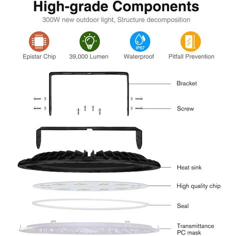 XICHAO 300W UFO High Bay Lumière, Projecteur LED 6500K Blanc Froid Spot Interieur Exterieur Lumière, Pour Garage Usine Atelier Gymnase 4 XICHAO 300W UFO High Bay Lumière, Projecteur LED 6500K Blanc Froid Spot Interieur Exterieur Lumière, Pour Garage Usine Atelier Gymnase – Image 4