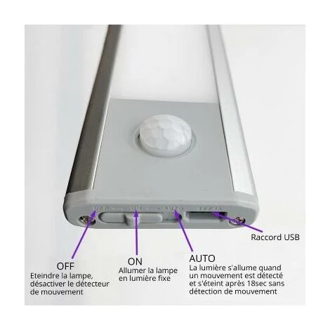 SILAMP Réglette LED Rechargeable USB 24cm IP40 Avec Détecteur De Mouvement - Blanc Neutre 4000K - 5500K 4 SILAMP Réglette LED Rechargeable USB 24cm IP40 Avec Détecteur De Mouvement - Blanc Neutre 4000K - 5500K – Image 4