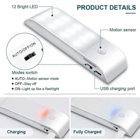 ELLE Lumière Automatique, Lumière De Détection De Mouvement Portable, Veilleuse Multimode 12 LED USB Rechargeable Avec Aimant Pour Armoire/couloir/escalier/lecture(lumière Froide) 5 ELLE Lumière Automatique, Lumière De Détection De Mouvement Portable, Veilleuse Multimode 12 LED USB Rechargeable Avec Aimant Pour Armoire/couloir/escalier/lecture(lumière Froide) – Image 5