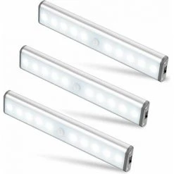 KAEJYIUT Lot De 3 Lampes 10 LED, Sans Fil, Rechargeable Par USB, Aimanté, Détecteur De Mouvement, 2 Modes D’éclairage, Portable. Lumière De Placard, Baladeuse De Secours, Veilleuse Enfant, Appoint … [Classe énergétique A+++]