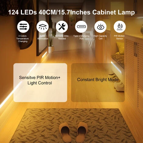 ASUPERMALL Lampe D'armoire 62 LEDs 40CM/15.7", Capteur De Mouvement PIR + Contrôle Sensible De La Lumière / Luminosité Constante 2 Modes D'éclairage / Interrupteur Tactile / 3 Changements De Température De Couleur, Port De Charge Type-C 2 ASUPERMALL Lampe D'armoire 62 LEDs 40CM/15.7", Capteur De Mouvement PIR + Contrôle Sensible De La Lumière / Luminosité Constante 2 Modes D'éclairage / Interrupteur Tactile / 3 Changements De Température De Couleur, Port De Charge Type-C – Image 2