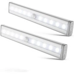 ABCRITAL Lot De 2 Veilleuses Led Avec Détecteur De Mouvement, Éclairage Armoire Placard Vitrine, Réglette Led, Auto-Adhésif, Alimentation Par Piles Aaa (Non Fournies)